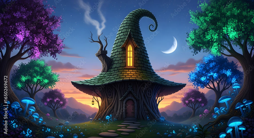 Fototapeta premium A whimsical witch's hut with a glowing window nestled in an enchanted forest under a crescent moon.