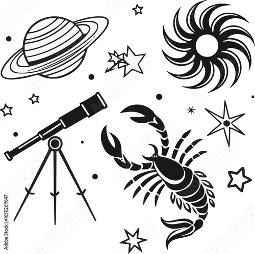 Saturn, Telescope, Scorpion, and Stars - Cosmic Exploration and Astrology Art