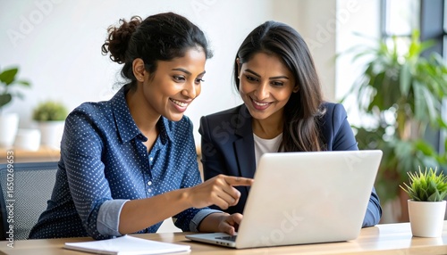 Close up confident Indian businesswoman mentor teaching African American intern. Using laptop, pointing at computer screen. Helping with corporate software. Detailed high quality image. 