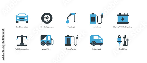 Modern Car Service & Auto Repair Vector Icon Set Minimal Flat Blue and Black Auto Repair Icons