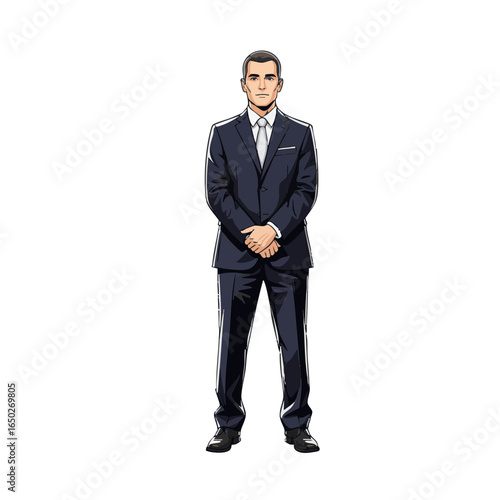 Illustration of a professional man in a stylish dark suit standing with a confident and serious expression, isolated character design