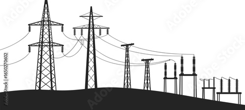 High voltage transmission towers, electricity pylons, utility poles, electrical substation, energy distribution network, power lines, industrial infrastructure, 