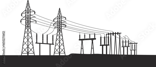 High voltage power transmission towers, electricity pylons, utility poles, electrical substation, energy distribution network, grid infrastructure, industrial silhouette,