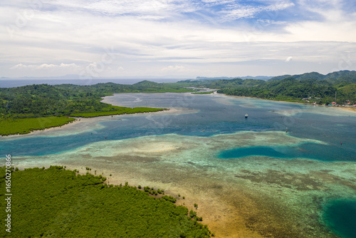 Scenic aerial panorama aerial drone picture of Siargao island with Abanay Island and Bancuyo Island, Dapa, Surigao den Norte, Mindanao, Philippines