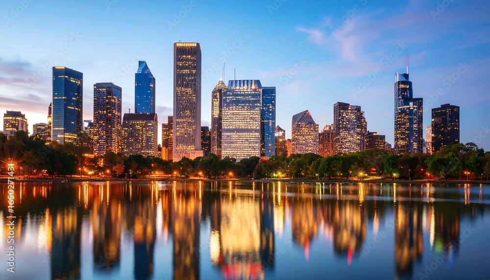 Naklejka premium City skyline at dusk reflected in calm water