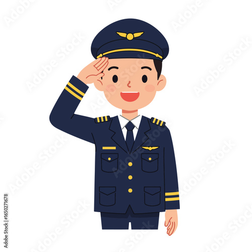 Smiling cartoon pilot character in a navy blue uniform with gold insignia giving a respectful salute.