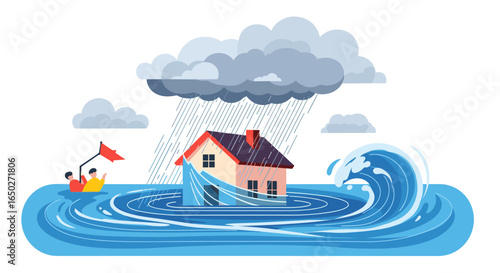 People stranded in floodwaters during heavy rain and storm, seeking rescue
