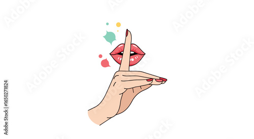 Shushing lips and finger gesture convey secrets, silence, and anticipation with vibrant style