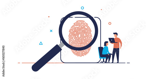 Investigators analyze digital identity and personal data with magnifying glass and laptop