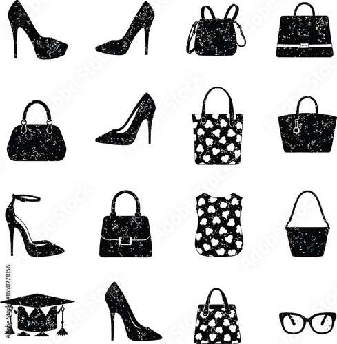 Fashionable accessories shoes bags glasses graduation cap vector design illustration style black and white