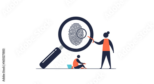 Forensic investigation with magnifying glass analyzing fingerprint evidence for detective work