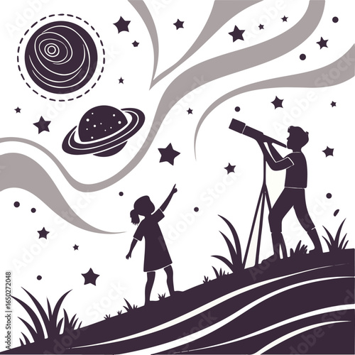 Father and Child Stargazing with Telescope and Planets - Cosmic Exploration and Family Bonding