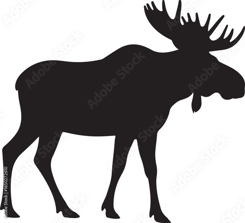 Black Silhouette of a Moose with Large Antlers on White Background animal wildlife