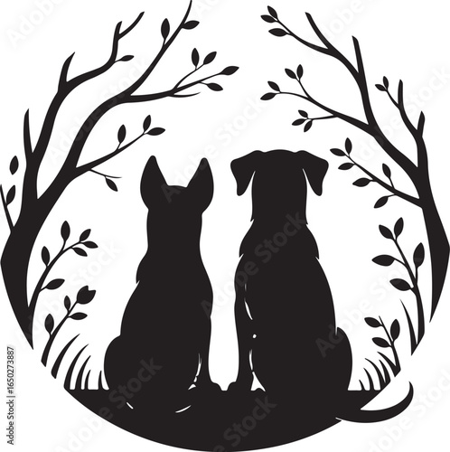 Loyal dogs sit together amidst nature's beauty