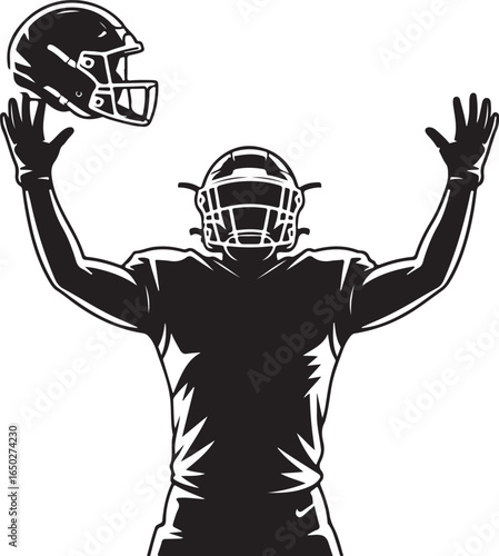 Football player celebrates victory tossing helmet in air
