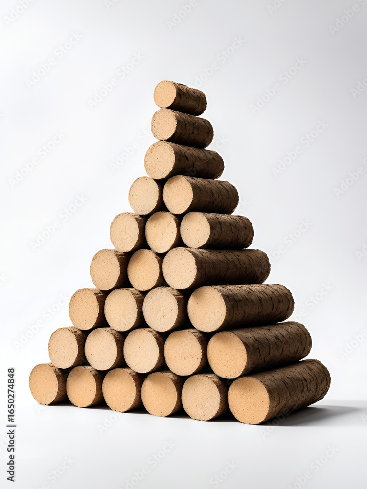 Cylindrical biomass briquettes from recycled wood forming a pyramid on white background Cylindrical biomass briquettes from recycled wood forming a pyramid on white background