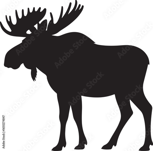 Black silhouette of a moose with large palmate antlers on a white background animal wildlife
