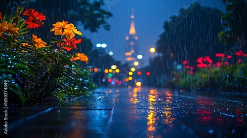 Colorful Flowers Under Rain with City Lights and Buildings at Night