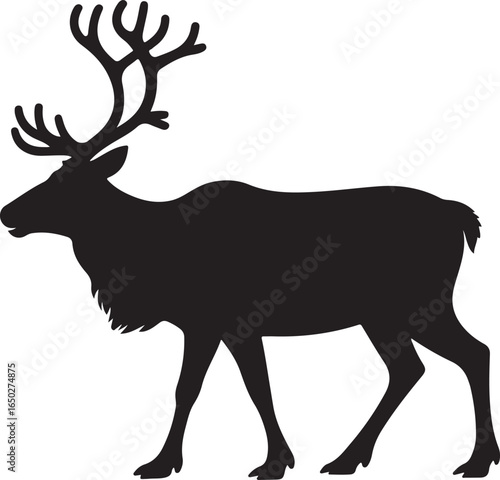 Black silhouette of a reindeer with large antlers on a white background animal wildlife