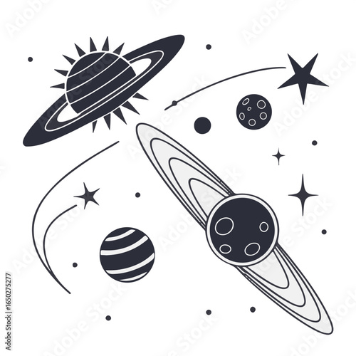 Planetary System with Stars and Cosmic Design - Space Exploration Art