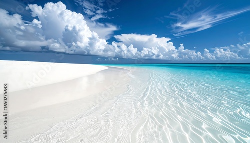Fototapeta Naklejka Na Ścianę i Meble -  Pristine White Sand Beach Meets Turquoise Water Under a Dramatic Sky.