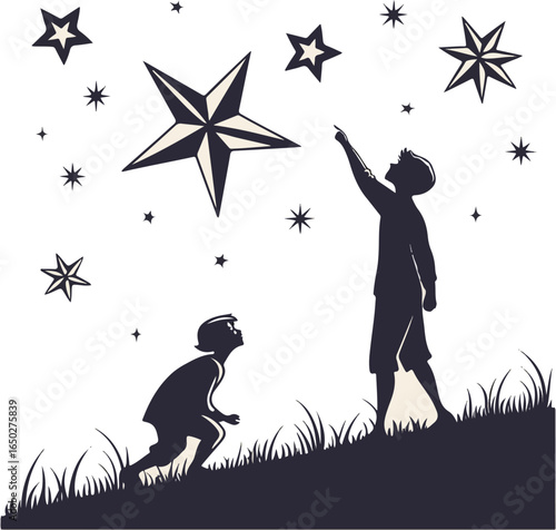 Children Gazing at Stars - Cosmic Exploration and Imagination Concept