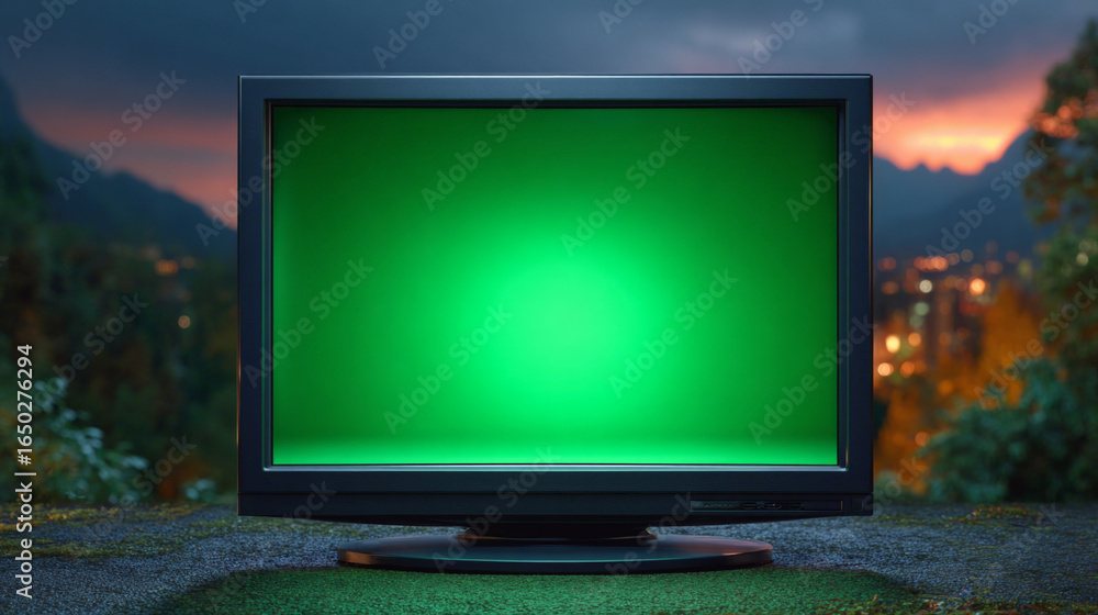 Fototapeta premium Green Screen Display in Nature: A television screen with a vibrant green display is placed in a natural setting, framed by lush trees and a distant cityscape.