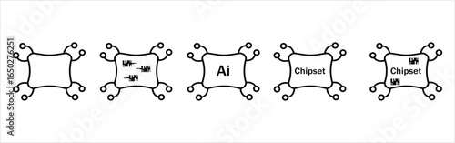 A comprehensive icon set of five outline vector graphics representing various computer chips and processors. This collection includes a generic chip, a microchip with circuit patterns, and chips label