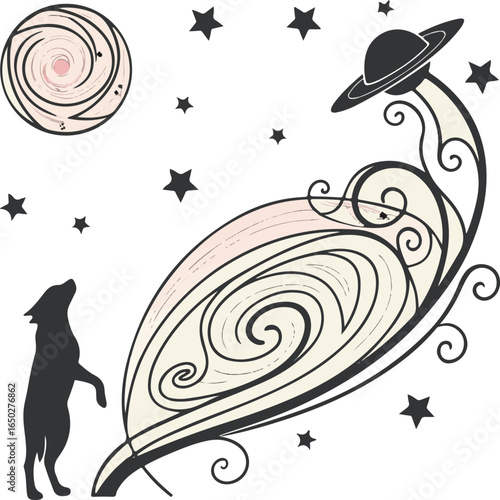 Dog Gazing at Swirling Galaxy and Saturn - Cosmic and Nature Art