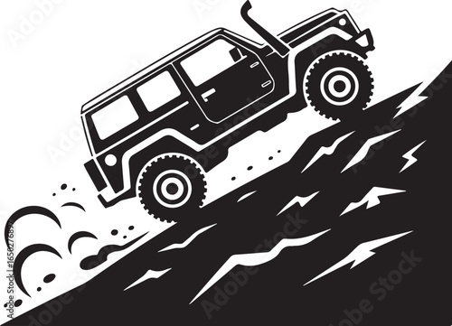 Black off-road SUV climbs steep rugged terrain
