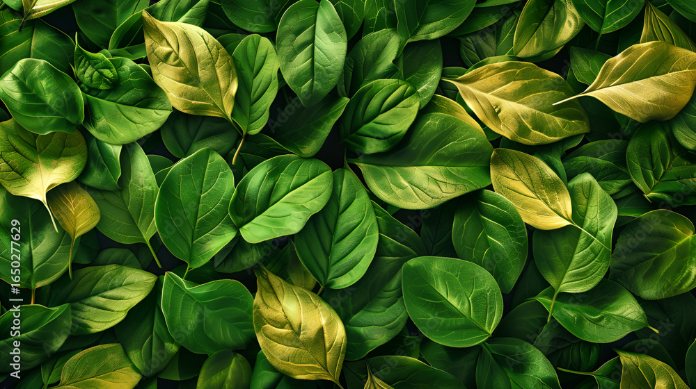 Obraz premium Lush green leaves with subtle golden highlights create a vibrant natural background.
