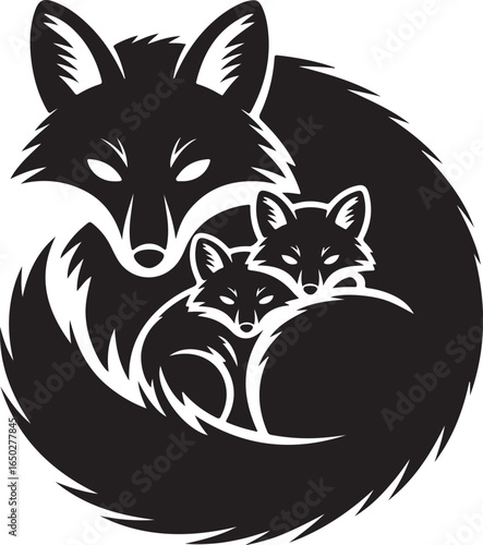Protective fox family curled together in dark silhouette
