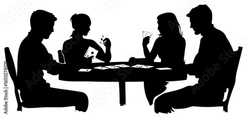 Silhouette of Group of Four People Playing Cards on a Table