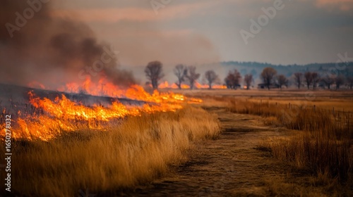 Native prairie fires naturally renewing grasslands, promoting biodiversity and ecological balance through controlled burning processes.