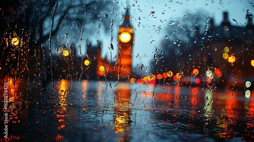 Rainy Evening View of Big Ben and London Streets at Dusk