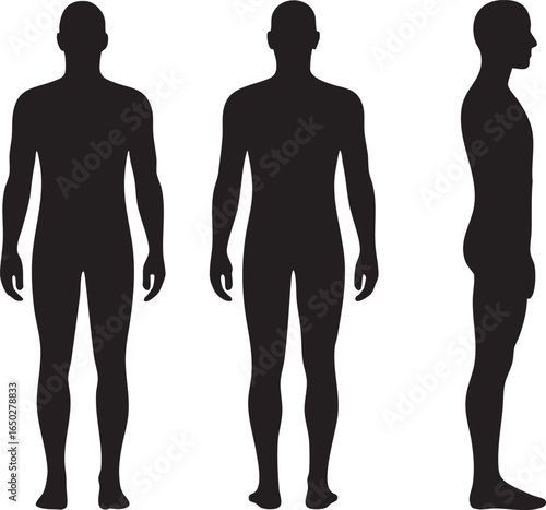 Three silhouettes of a human body from front back and side views