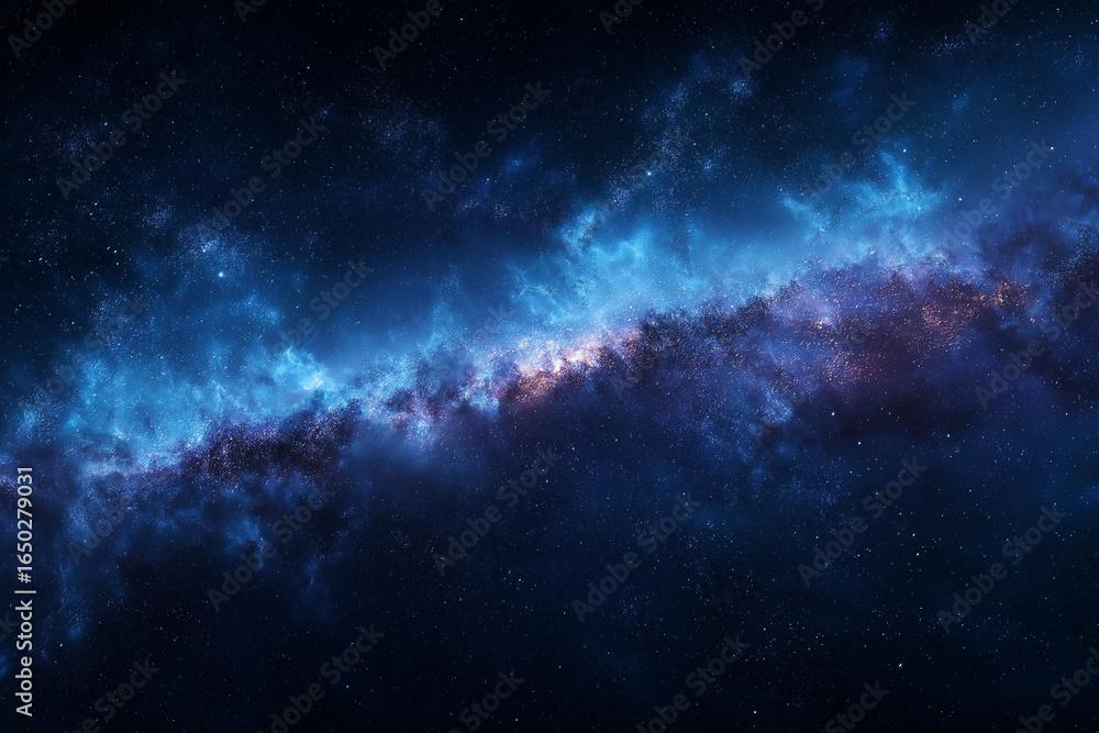 Fototapeta premium Cosmic fog drifting in deep blue space with shimmering particles, astronomy