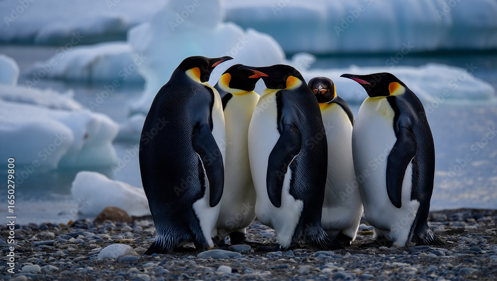 Obraz premium Four emperor penguins huddle together on a rocky shoreline with icebergs
