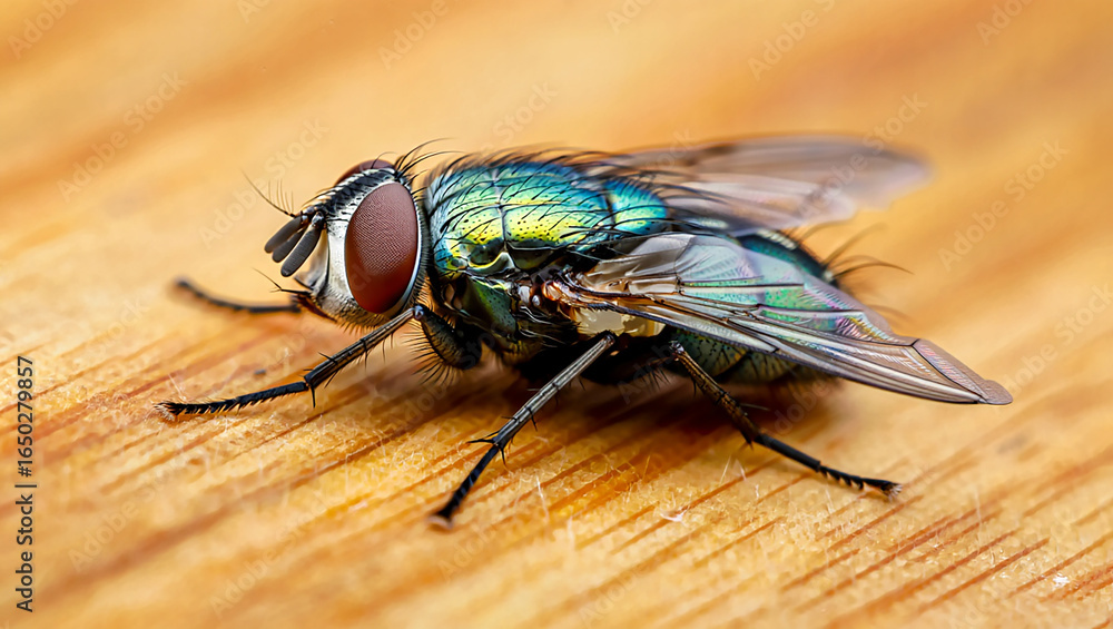 Obraz premium Close up macro shot of a metallic green bottle fly on a wooden surface