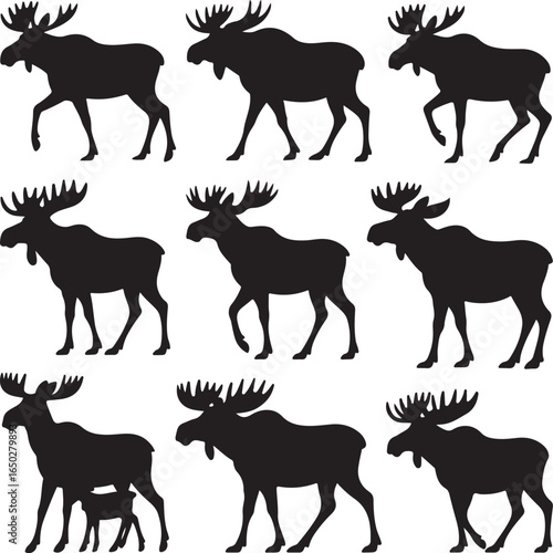 Nine black silhouettes of moose and calves walking in a grid on a white background animal wildlife