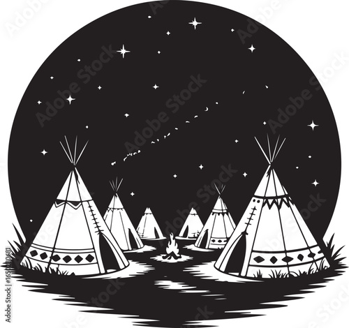 Cozy teepee village under starry night sky