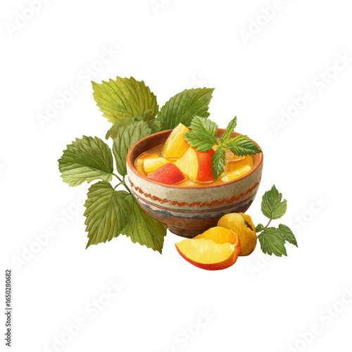 Rustic Bowl of Peach and Apple Compote with Fresh Herbs