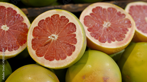 Juicy fresh pomelo halves reveal vibrant ruby red segments, a healthy delight
