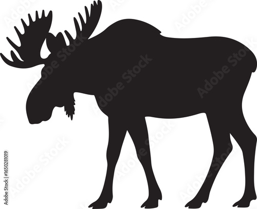 Black silhouette of a standing moose with large antlers on a white background animal wildlife