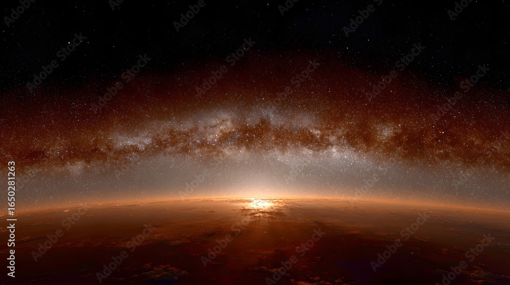 Fototapeta premium Sunrise over a celestial body with a vibrant milky way.