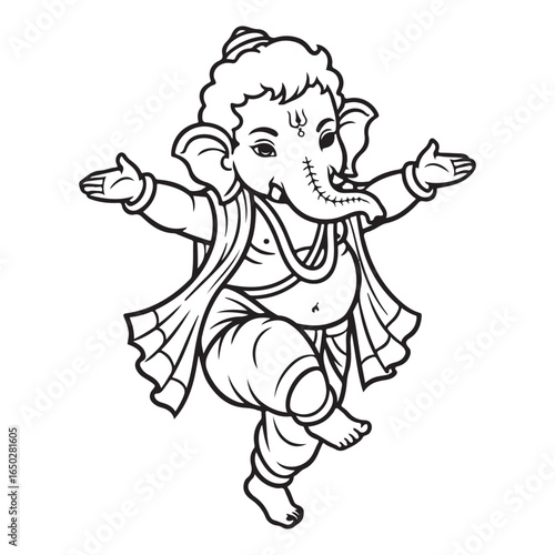 Cartoon illustration of ganesha in black and white outline coloring page