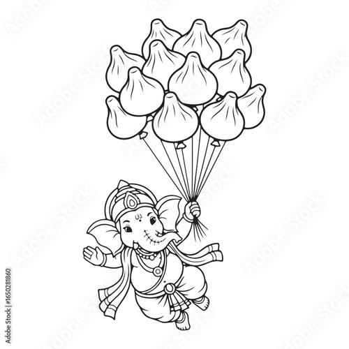 Ganesha flying with modak balloons outline illustration coloring page