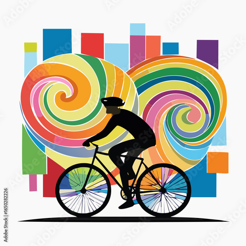 A sleek rider passes bright mural art with powerful motion