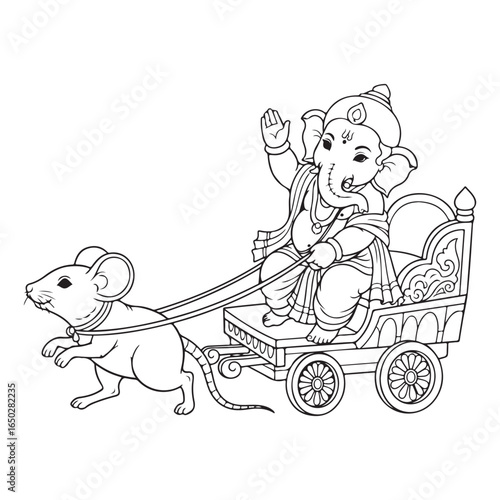 Ganesha in chariot pulled by mouse outline illustration coloring page