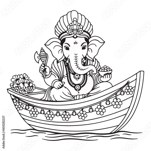 Ganesha in boat line art illustration with floral details coloring page